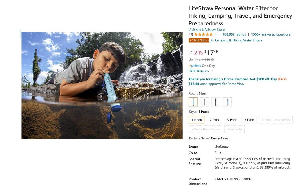 Young boy thinks ahead by using LifeStraw device to drink from unfiltered stream.