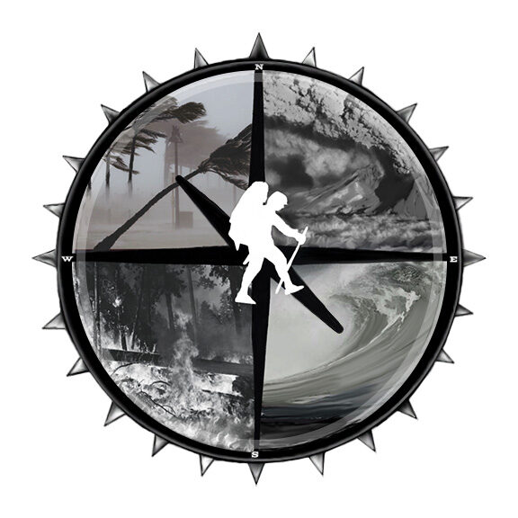 Compass split into quadrants, natural disasters displayed in each quarter, with a hiker silhouette in the center.